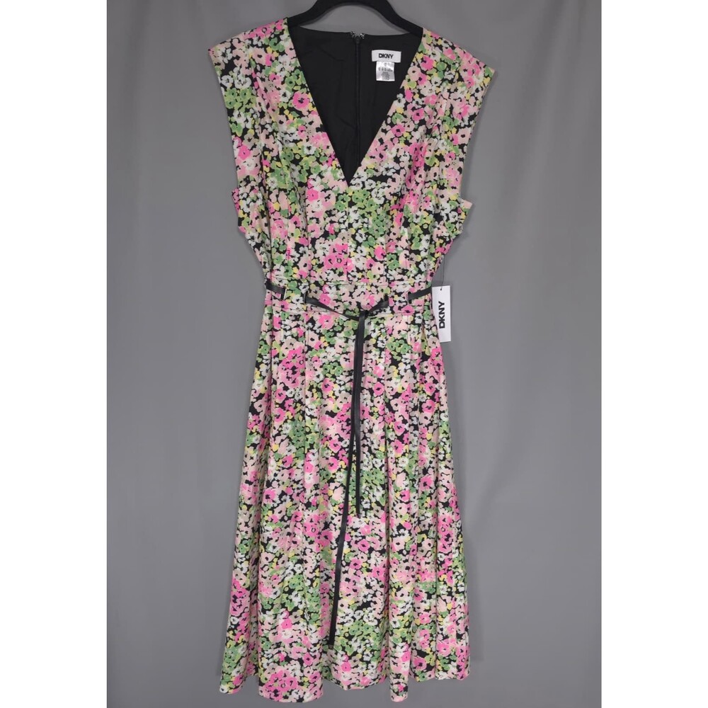 DKNY Women’s New Midi Dress Floral Fit & Flare Belted US 10 Multicolor‎ DD611S11